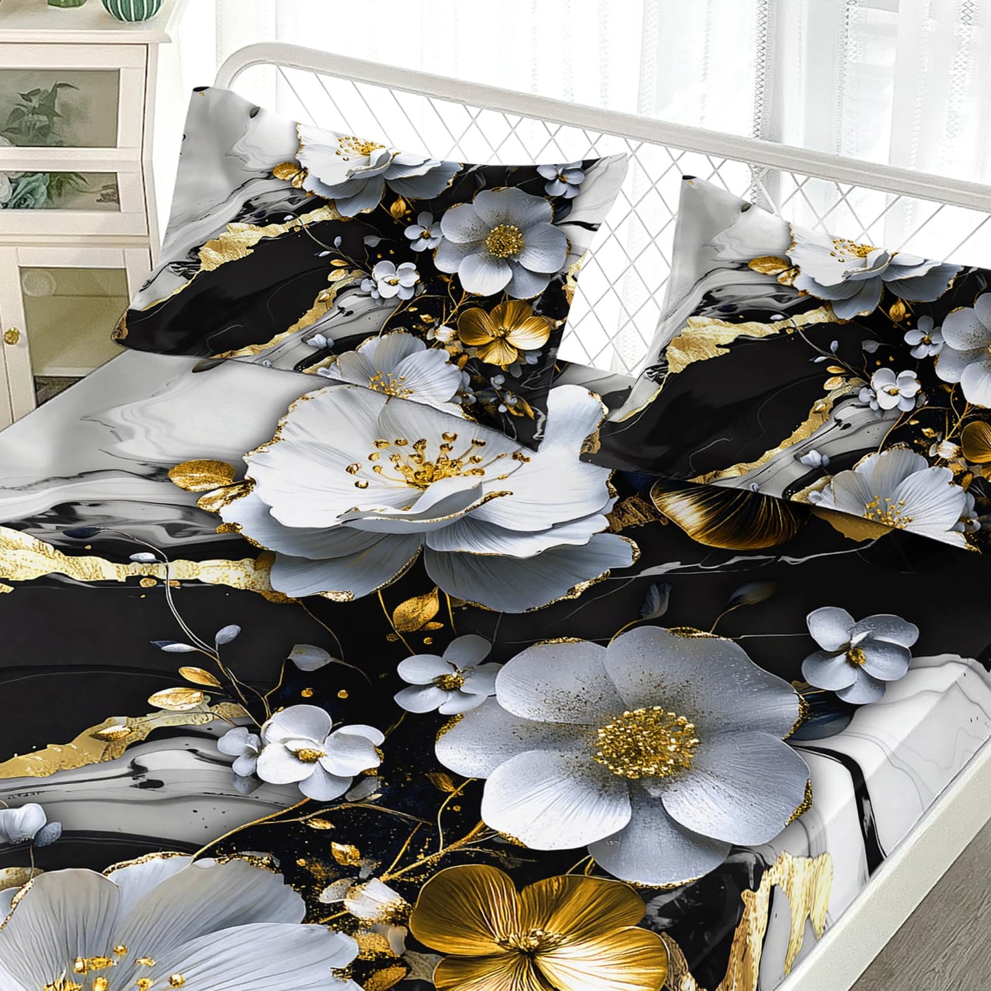 AILONEN Black and White Floral Fitted Sheet Set Queen Size, 3D White Flower Bedding Set for Kids Teends Adults,Marble Style Bed Sheet Set,1 Fitted Sheet and 2 Pillowcases,3Pcs