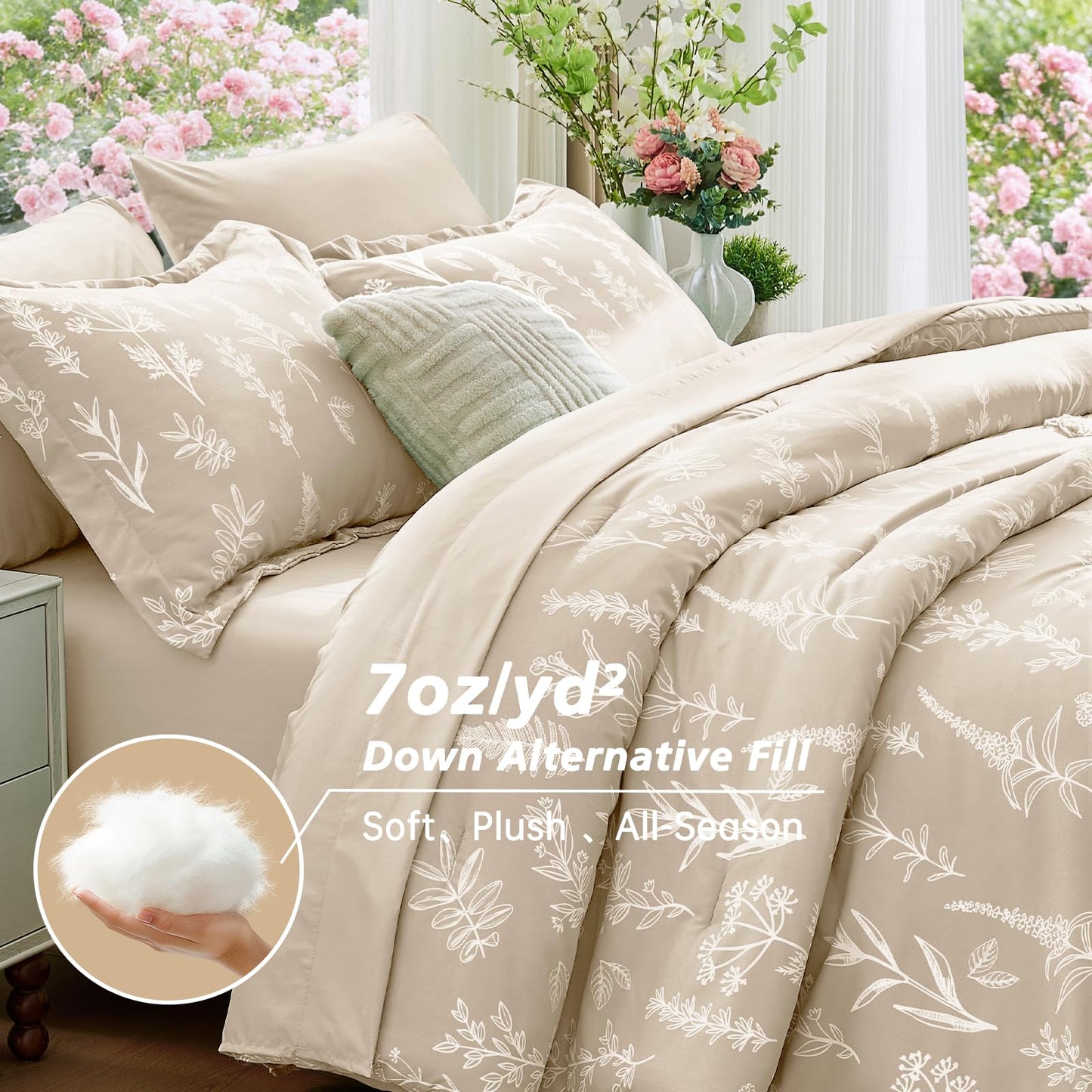 MUXHOMO Beige Bed in a Bag Queen 7 Pieces, Queen Comforter Set Reversible Botanical Flowers Design, Ultra Soft & Breathable Bedding Sets with Comforter, Sheets, Pillowcases & Shams