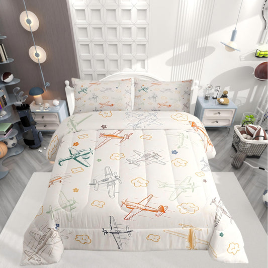 Aircraft Comforter Kids Colorful Airplane Print Bedding Set Queen Size Boys Girls Home Decor Aircraft Flying Blanket Microfiber Sketch Style Light Yellow Duvet Set Bedroom Quilt Sets 3 Pcs