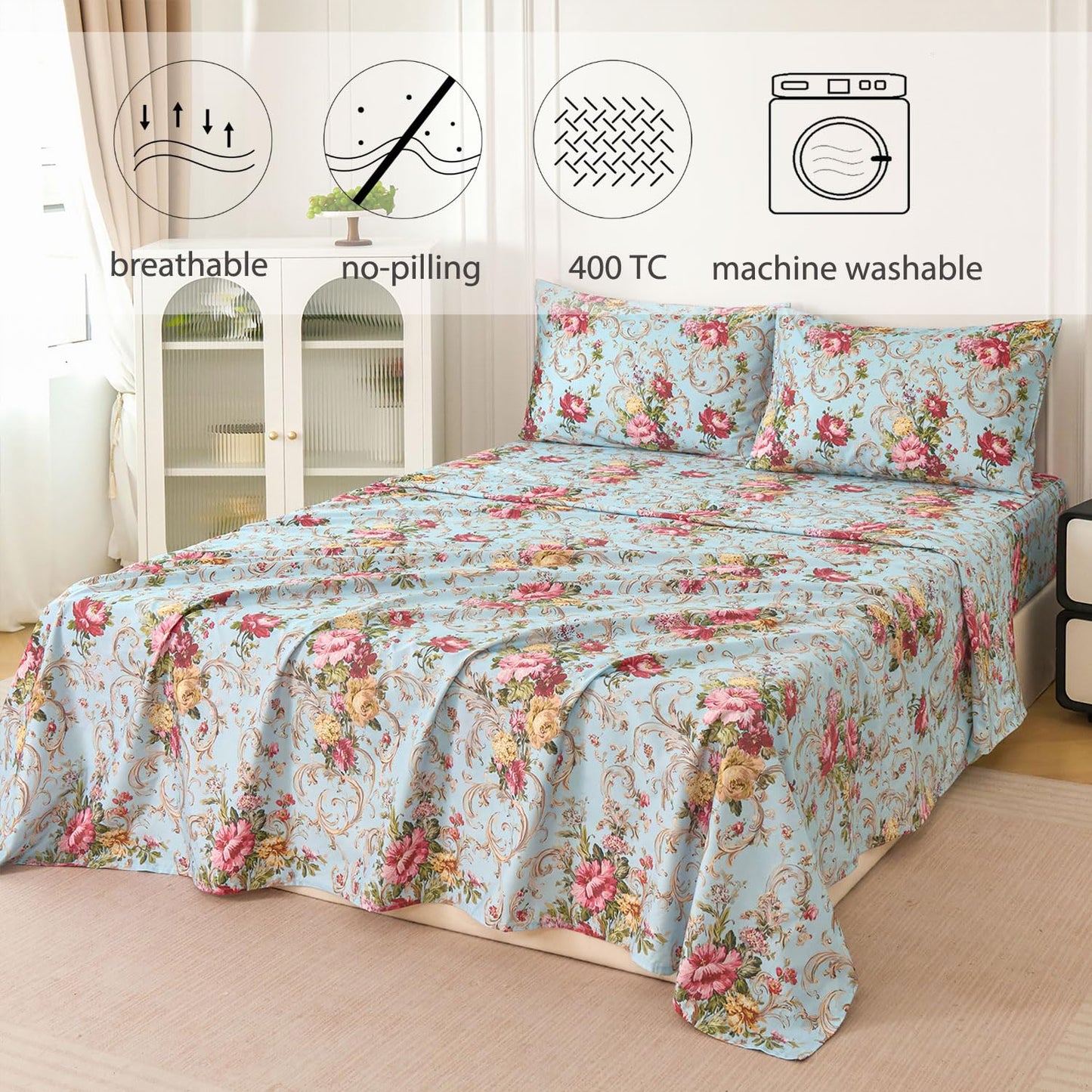 Zusbest Queen Sheet Set Blue Red Floral Bed Sheets 100% Cotton, Luxury Premium Bedding Breathable for Hot Sleepers American Country Style Shabby Vintage Flower Deep Pocket Bed Set 17.5‘’ 4Pcs