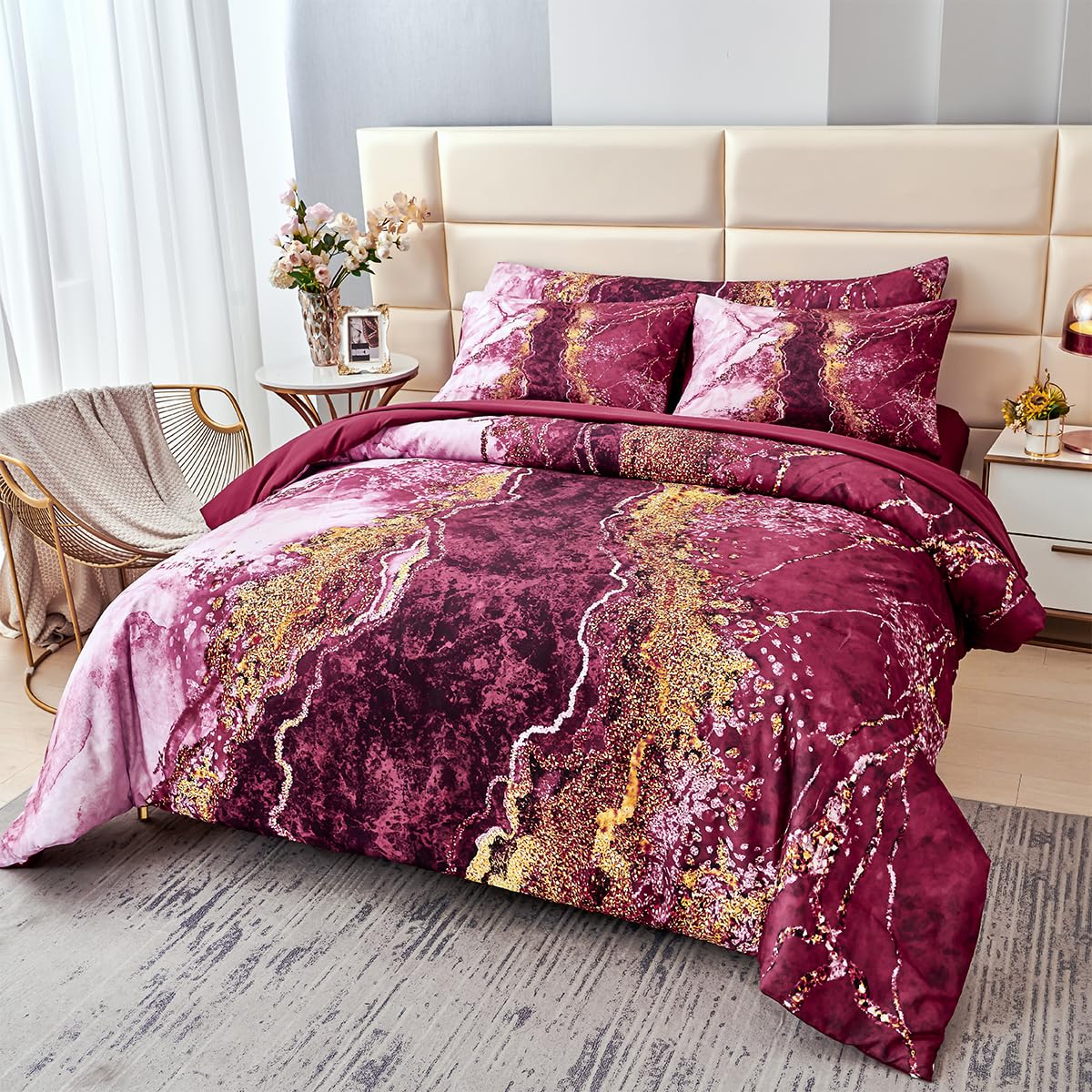 PERFEMET 6-Piece Bed in A Bag Queen Burgundy Marble Comforter Set with Sheets Aesthetic Retro Artwork Style Dark Red Bedding Set for All Season(Burgundy, Queen)