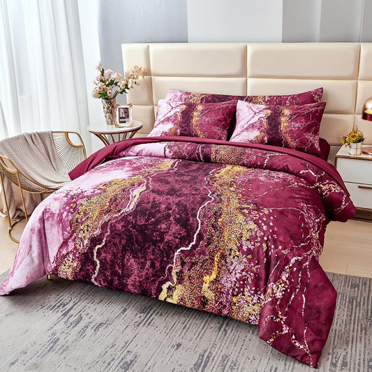PERFEMET 6-Piece Bed in A Bag Queen Burgundy Marble Comforter Set with Sheets Aesthetic Retro Artwork Style Dark Red Bedding Set for All Season(Burgundy, Queen)