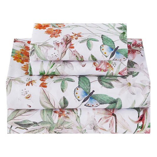 Softan Green Floral Full Sheet Set, Cozy Microfiber Butterfly Printed Fitted Bed Sheet with 15" Deep Pockets & Non-Slip Straps, Cute Girls Patterned Double Sheets & Pillowcase Set