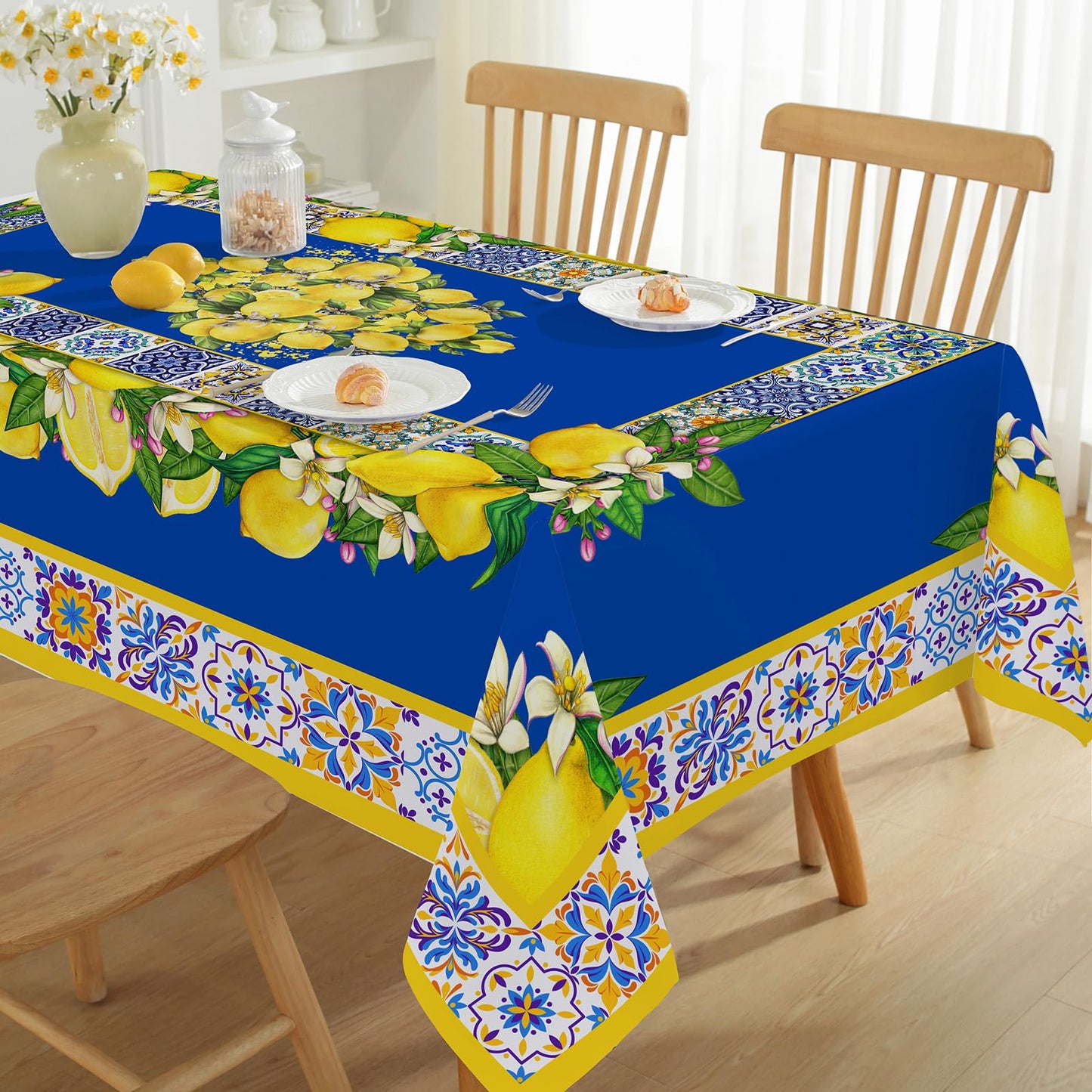 Honellaty Blue Yellow Lemon Vintage Pattern Tablecloth 60" x 84" Rectangle, Summer Table Cloth Spill-Proof Stain Resistant Wrinkle Free Table Cover for Dining, Party, Picnic