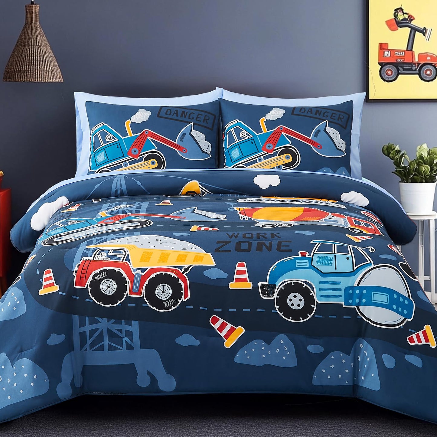 Wink Deer Full Size Comforter Set for Boys-7 Pieces Truck Tractor Excavator Glow in the Dark Full Bedding Sets for Kids, Ultra Soft Bed in A Bag with Sheets