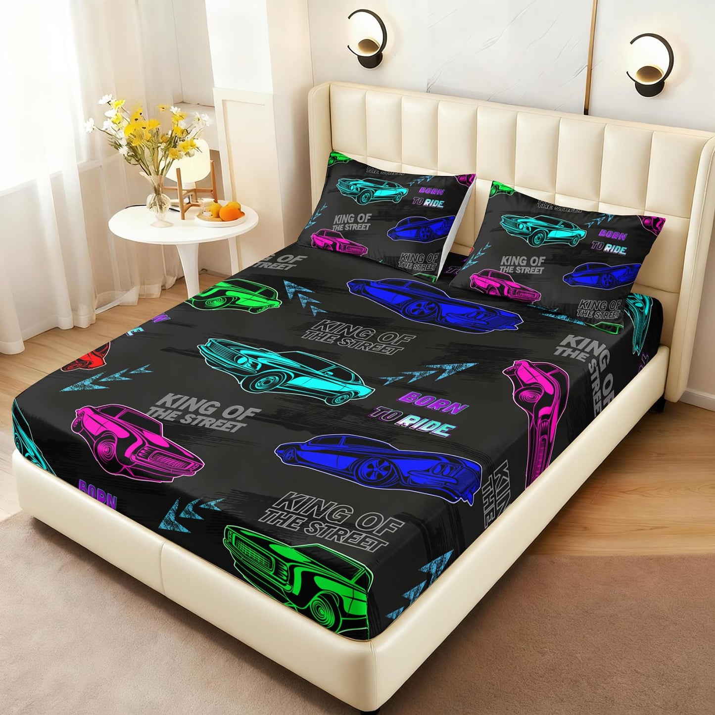 AILONEN Racing Car Fitted Sheet Queen Size, Fast and Furious Extreme Sport Games Bedding Sets for Kids Boys Teens,Cartoon Sports Car Bed Sheet Set,1 Deep Pocket 2 Pillowcases,3 Pcs