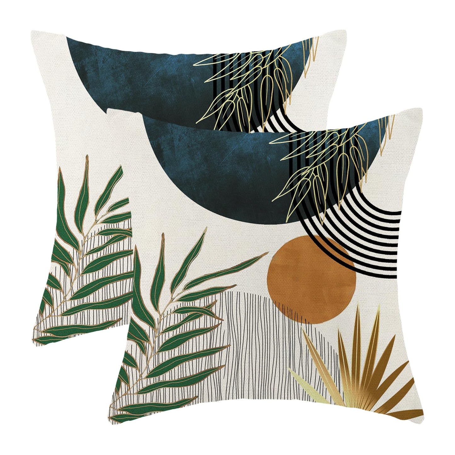 Boho Pillow Covers 18x18 Set of 2 Green Gold Navy Blue Throw Pillow Covers Outdoor Decoration Mid Century Bohemian Style Tropical Leaf Pillowcase Farmhouse Decorative Cushion Case For Home Sofa