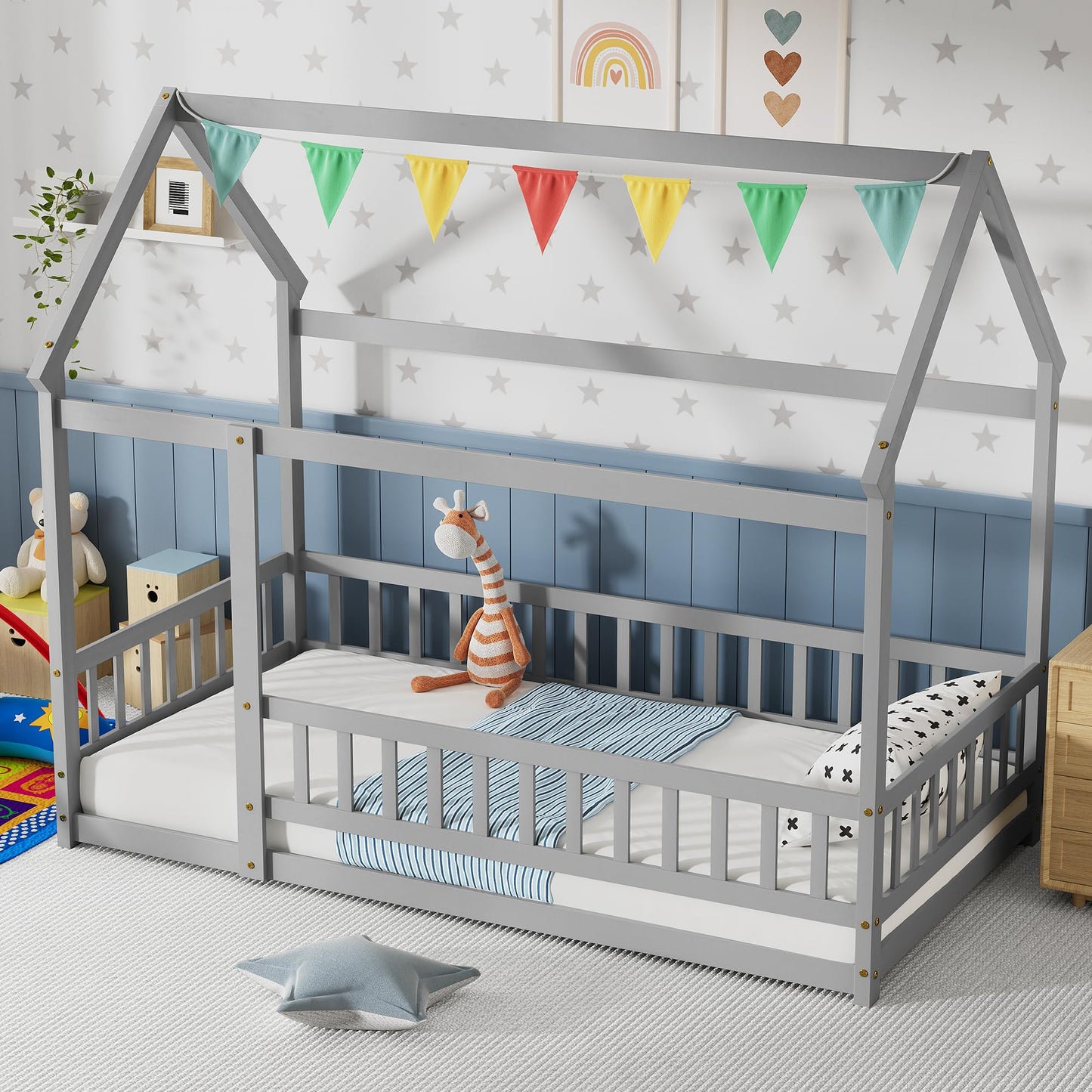 PVWIIK Twin Montessori Floor Bed with High Rails & Roof for Kids Bedroom,High Rails Bed Frame with Fence,No Box Spring Needed, Grey