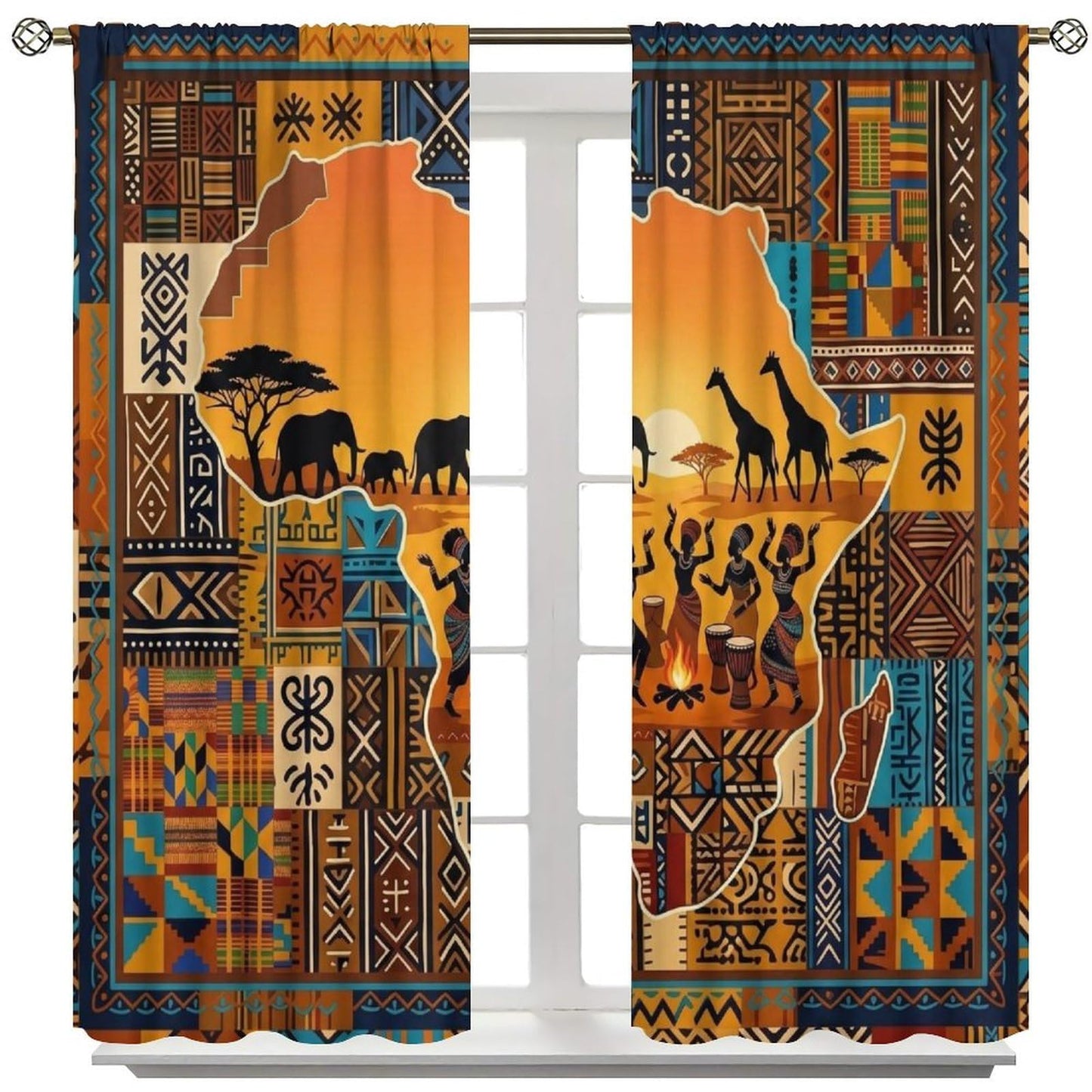 PHTAYOT African Curtains Abstract Aztec Tribal Map of Africa Boho Kuba Ethnic Style Pattern Blackout Window Treatments for Bedroom Living Room Rod Pocket Drapes 2 Panel Set,52x84Inch