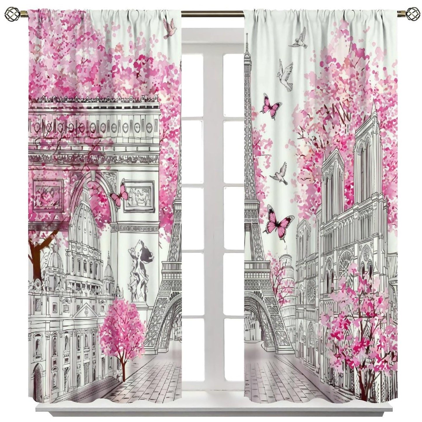 TYVGICZ Pink Paris Modern Curtains, Landscape Architecture City Scenery Eiffel Tower Landmark Famous Cityscape Romantic Window Treatments for Bedroom Living Room Kitchen Bathroom 2 Panels,42x45 Inch