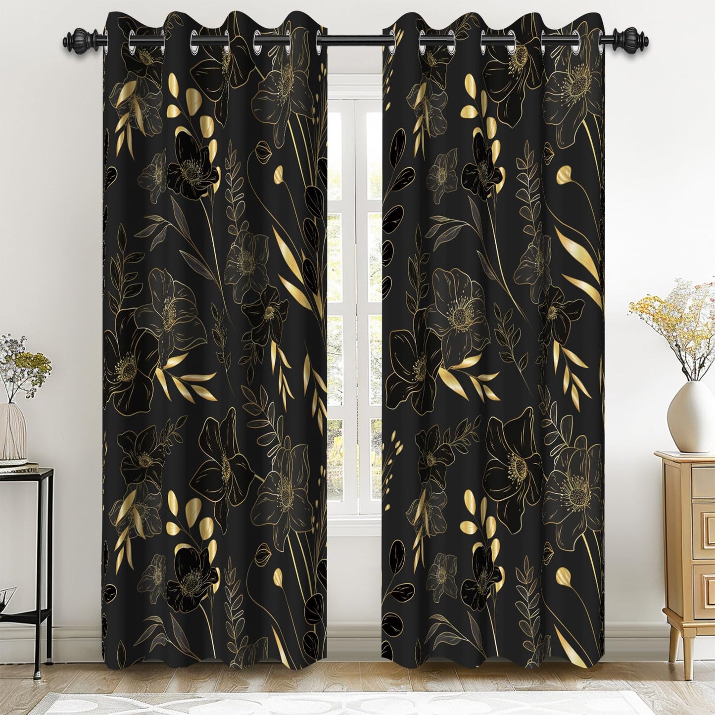 Renaiss 42 x 84 Inch Black Gold Floral Blackout Curtains for Bedroom Printed Gold Stroke Flower Curtains French Country Grommet Window Treatment Curtain Farmhouse Drapes Black Liner 2 Panels