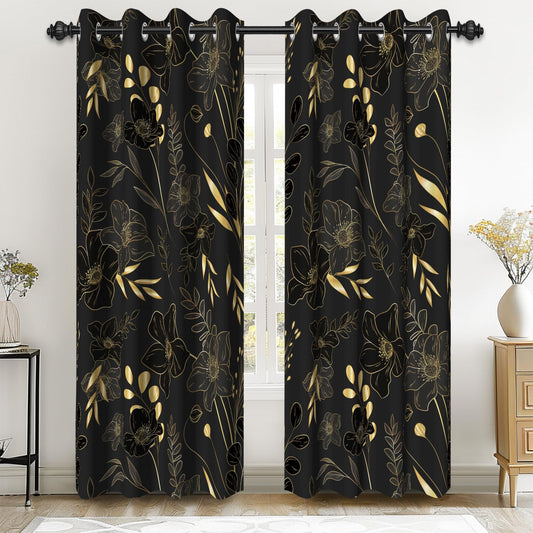 Renaiss 42 x 84 Inch Black Gold Floral Blackout Curtains for Bedroom Printed Gold Stroke Flower Curtains French Country Grommet Window Treatment Curtain Farmhouse Drapes Black Liner 2 Panels