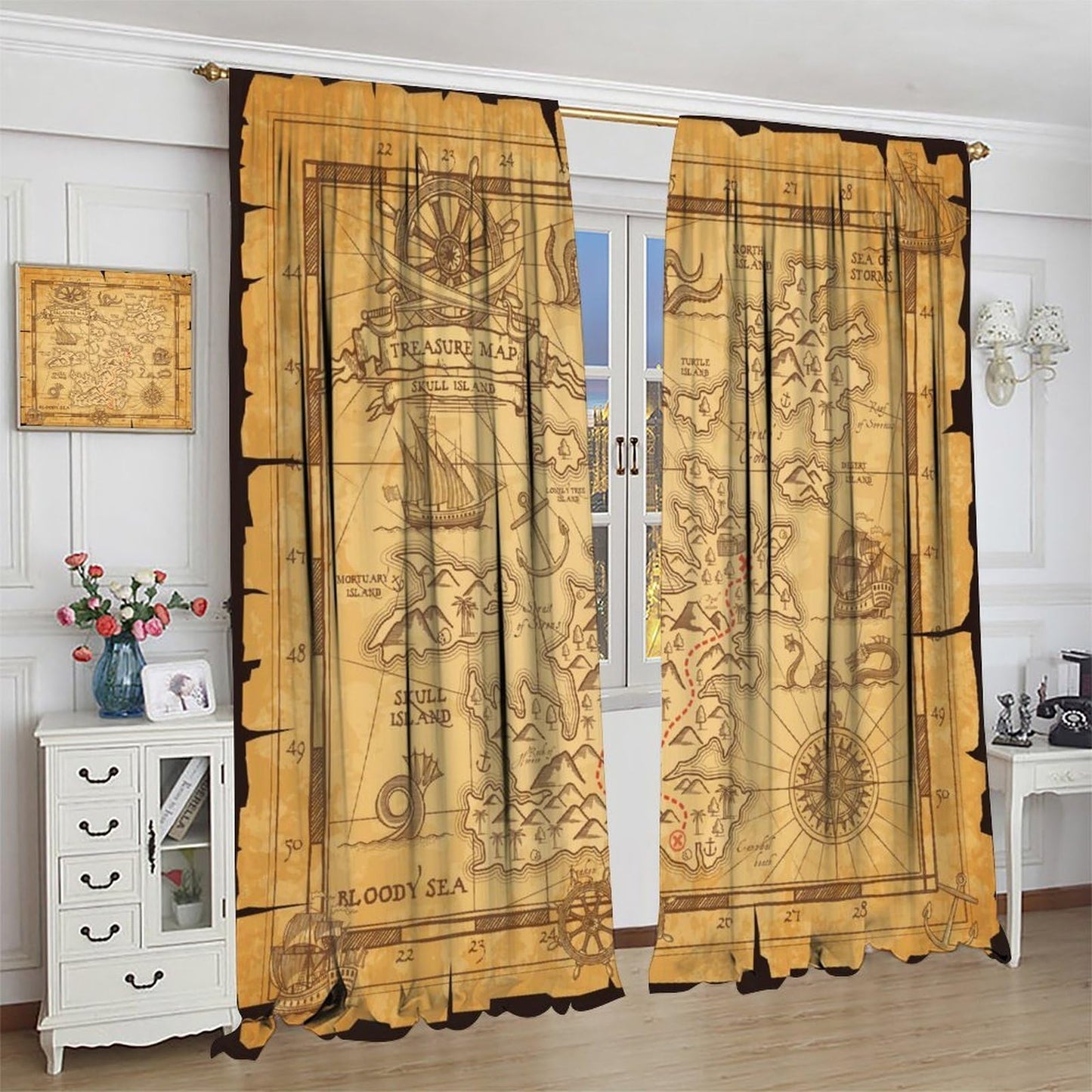 wlsgdsg Pirate Map Curtains for Boys Vintage Medieval Ocean Themed Old Nautical Treasure Compass Sailboat Map Pattern Window Treatments for Kids Teen Bedroom Living Room 42x44.5In（No Blackout）