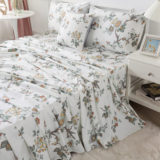 FADFAY Sheets Set Twin XL Elegant Floral Bedding Shabby Beige Bird Print College Dorm Room Bedding Vintage Farmhouse Set100% Cotton Bed Sheet Set with Deep Pocket Fitted Sheet 4Pcs, Twin XL Size