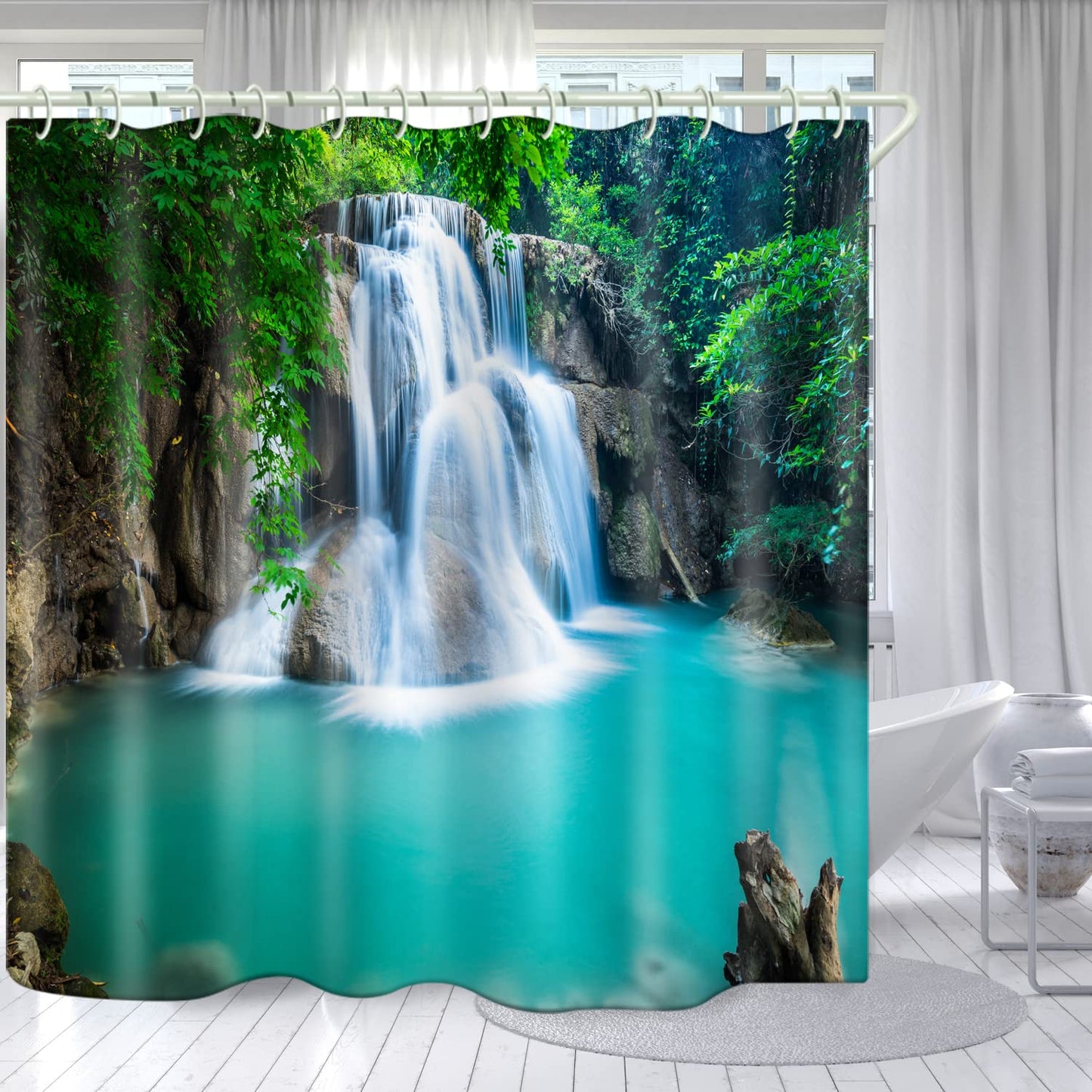 LYFANS Shower Curtains Waterproof Polyester Fabric,Large Width Bright Partition Curtain with Waterfall Pool Print,Shower Curtain Liner for Bathtub Bathroom with 12 White Hooks （72 x72 inches）