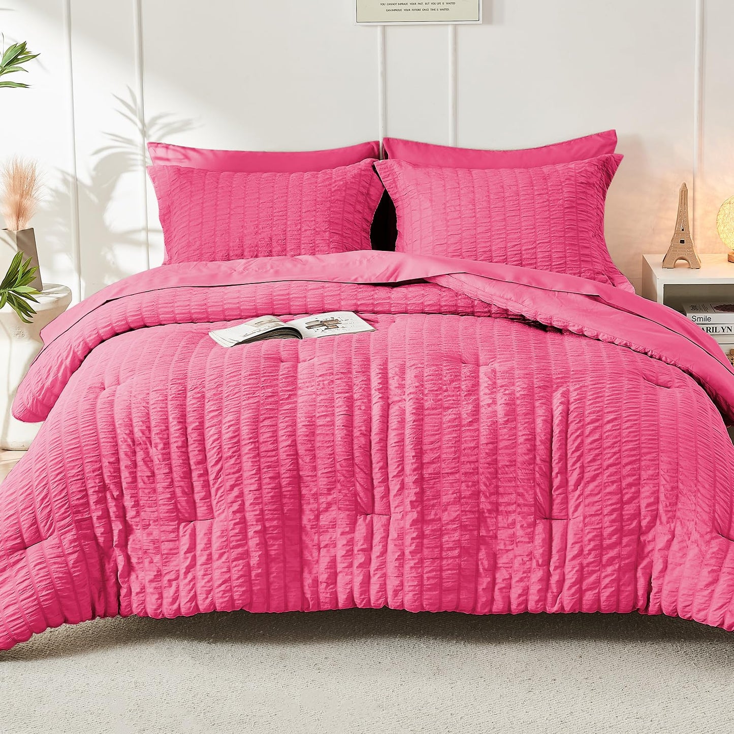 HYMOKEGE Hot Pink Twin Comforter Set Seersucker 5 Pieces, All Season Luxury Bed in a Bag for Bedroom, Bedding Set with Comforter, Sheets, Pillowcase & Sham