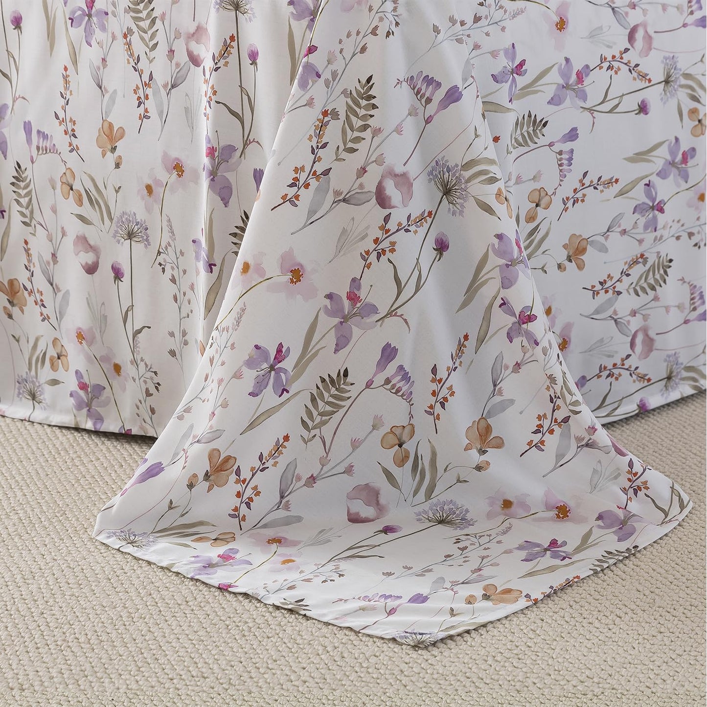 FADFAY Twin Size Sheet Set, 70% Viscose Derived from Bamboo, 30% Cotton 4 Pieces Country Style Lavender and Orange Floral Print Bedding, Deep Pocket Fitted Sheet