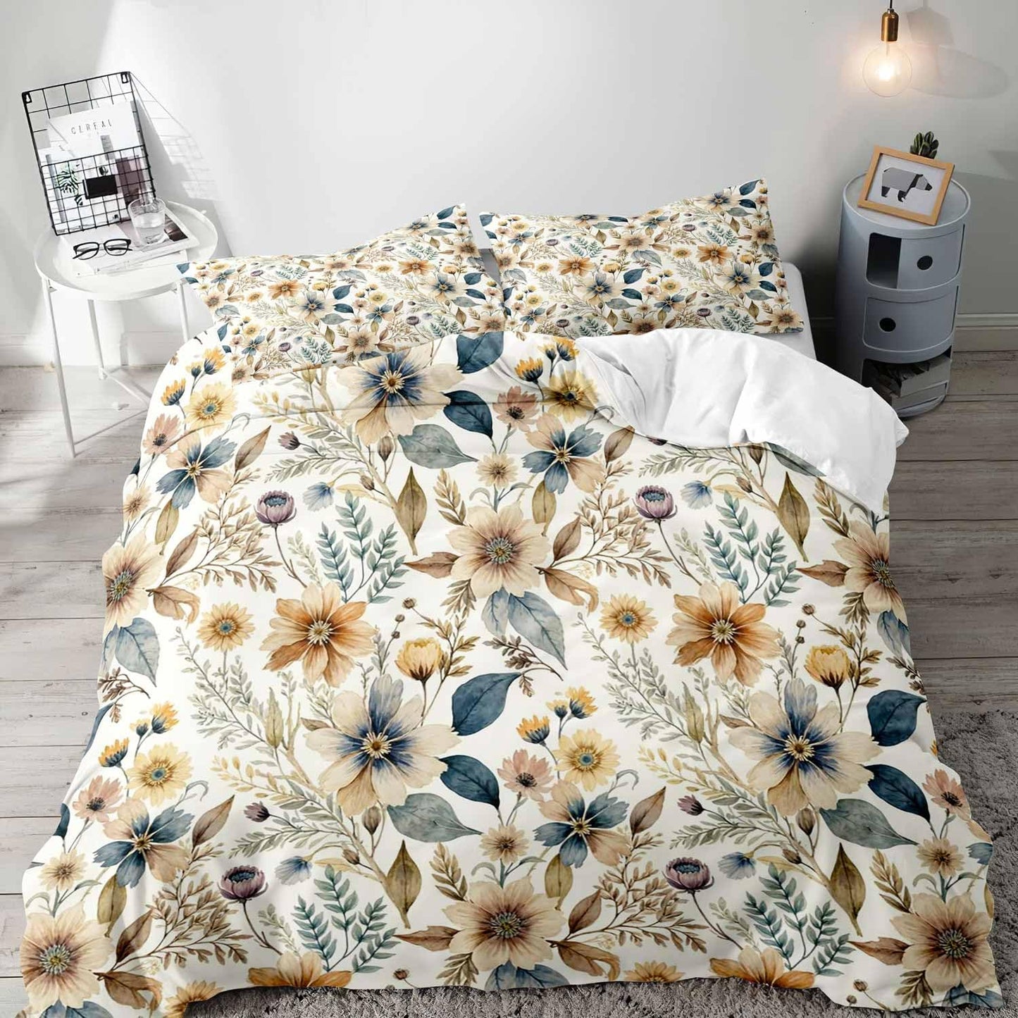 LUVIVIHOME 3PCS Boho Floral Duvet Cover King Bedding Set, Country Rustic Farmhouse Beige Bedding, Vintage Blue Indigo Leaves Plant Botanical Wildflower Champagne Flower Comforter Cover, 2 Pillow Cases