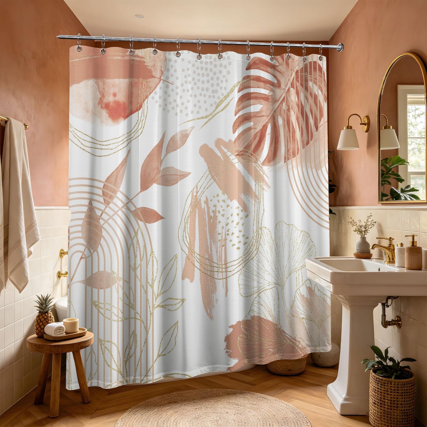 soeeao Coral Pink Shower Curtain Cute Girly Salmon Peach Mid Century Modern Shower Curtains for Girls Bathroom Decor, Waterproof Cloth Fabric with Hooks, 70" W x 72" L