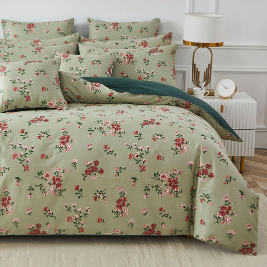 FADFAY King/Cal King Size 100% Cotton Shabby Sage Green Floral Duvet Cover Set with Rose Pattern, Luxury Vintage Bedding, Soft and Crisp Comforter Cover with Zipper, Breathable and Durable, 3 Pieces