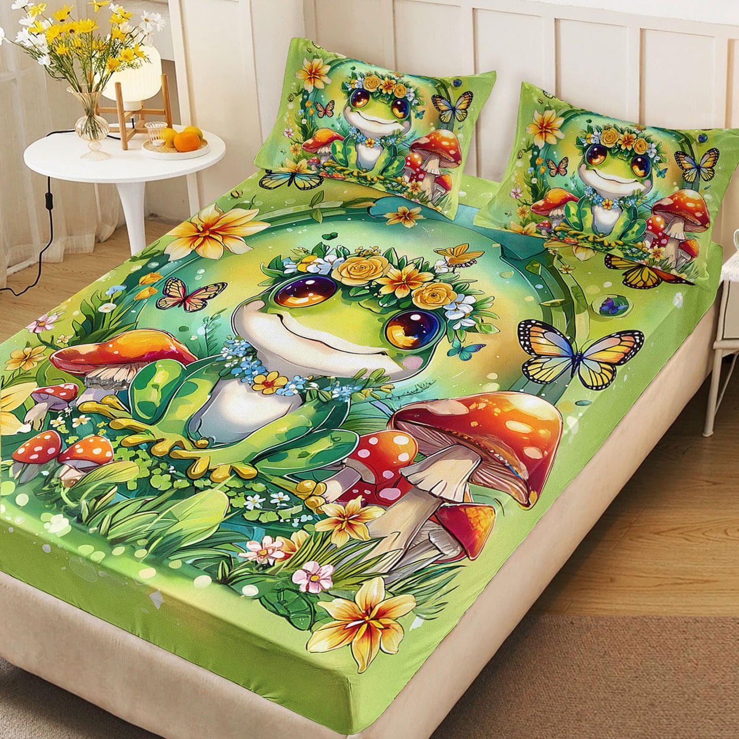 AILONEN Cartoon Green Frog Sheet Set Twin XL Size for Kids Girls Boys,Kawaii Green Wild Animals Bedding Set,Mushroom and Butterfly Bed Sheets,Super Soft Microfiber,1 Fitted Sheet and 2 Pillowcases