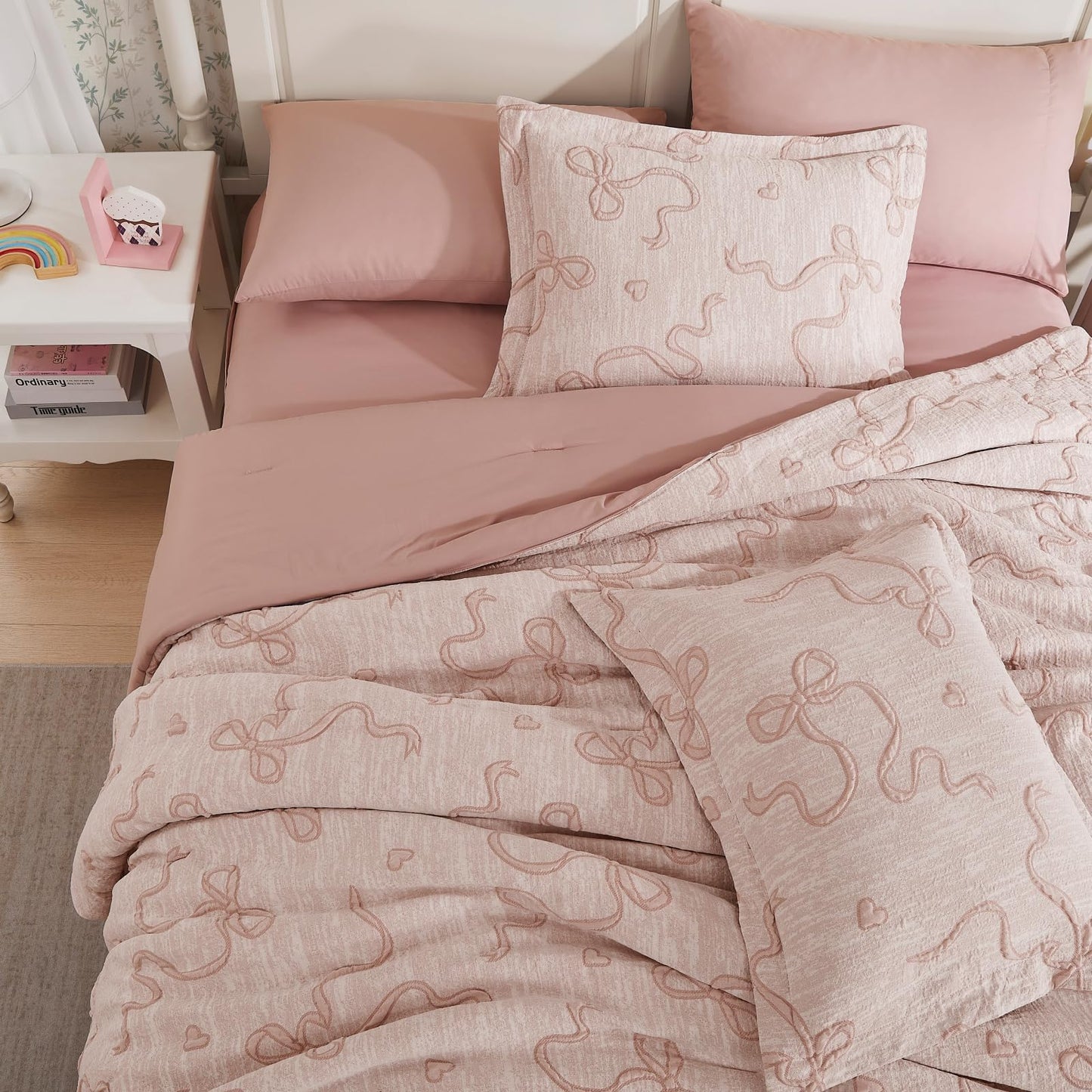 Geniospin Pink Twin Comforter Set for Girls- 5 Pieces Bowknot Jacquard Bed in A Bag Twin Bedding Sets with Sheets, Pillowcases & Shams, All Season Kids Comforter Set