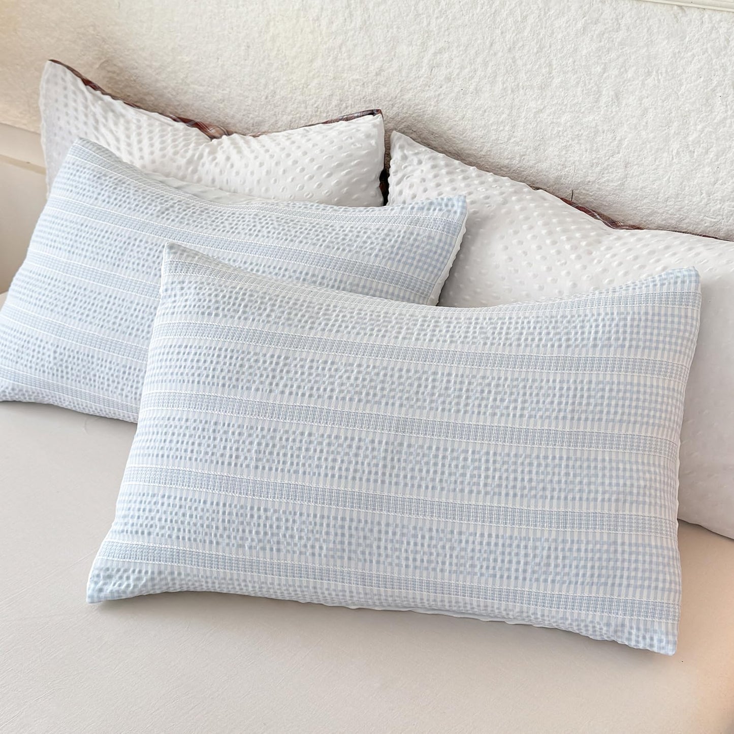 tohrisa Boho Comforter Set Twin Size - 2 Pieces Lightweight Jacquard Seersucker Bedding Sets (1 Soft Fluffy Grid Comforter & 1 Pillowcase) - All Seasons Cozy Modern Bed Set(68"x90" Sky Blue)