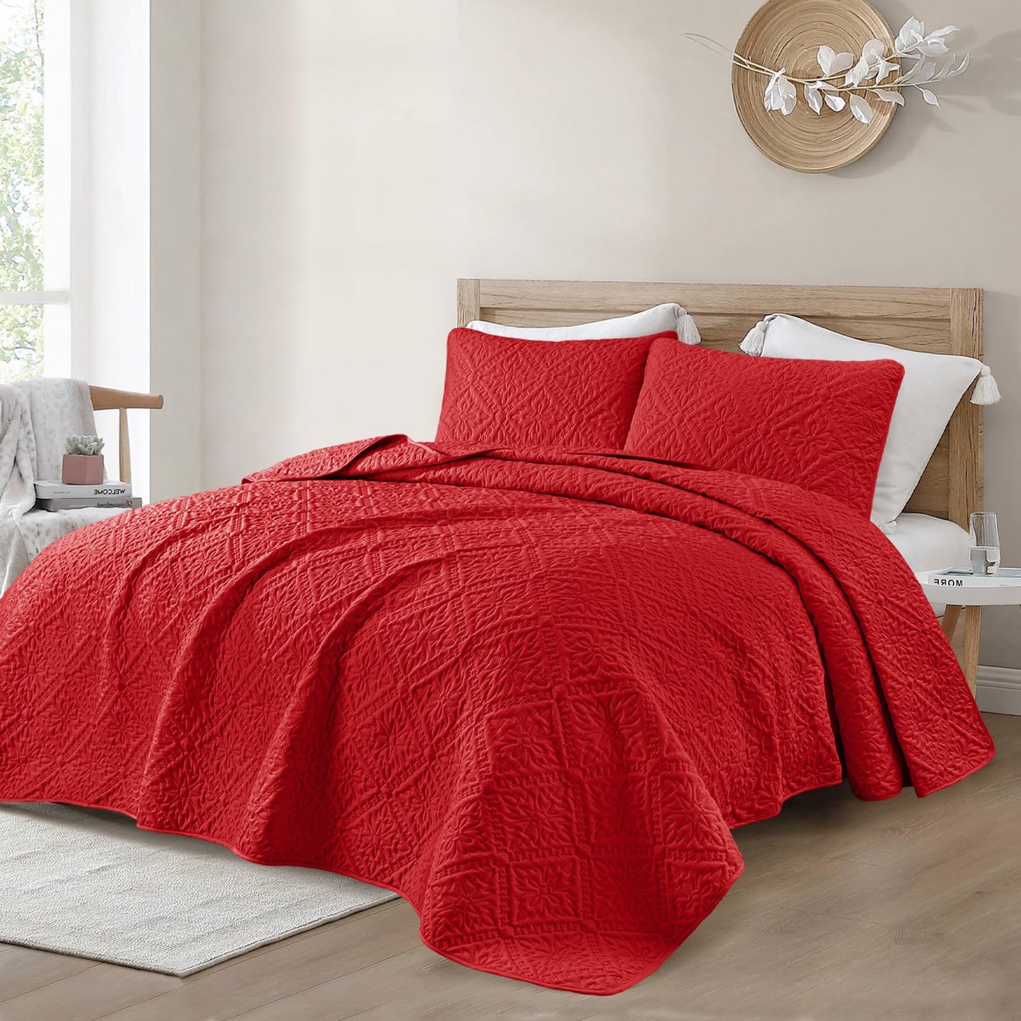 Exclusivo Mezcla King Quilt Bedding Set, Lightweight Soft Bedspreads Coverlets with 2 Pillow Shams, Modern Red Oversized Quilts King Size for All Seasons