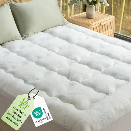 Mattress Topper California King Size - Viscose Made from Bamboo Extra-Thick Pillow Top Mattress Pad for Back Pain Relief - Naturally Cooling for Hot Sleepers with 8-21'' Stretchable Deep Pocket