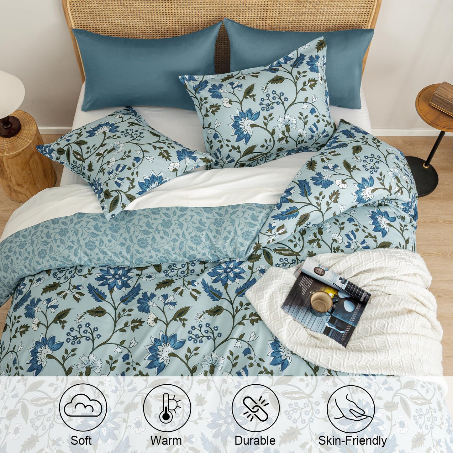 PHF Ultra Soft Floral Duvet Cover Queen Size, Printed Bedding Set 3 Pieces, Comfy Farmhouse Pattern Duvet Cover Set with 2 Pillow Shams, Zipper Closure and 8 Ties, 90"x90", Flower-Dusty