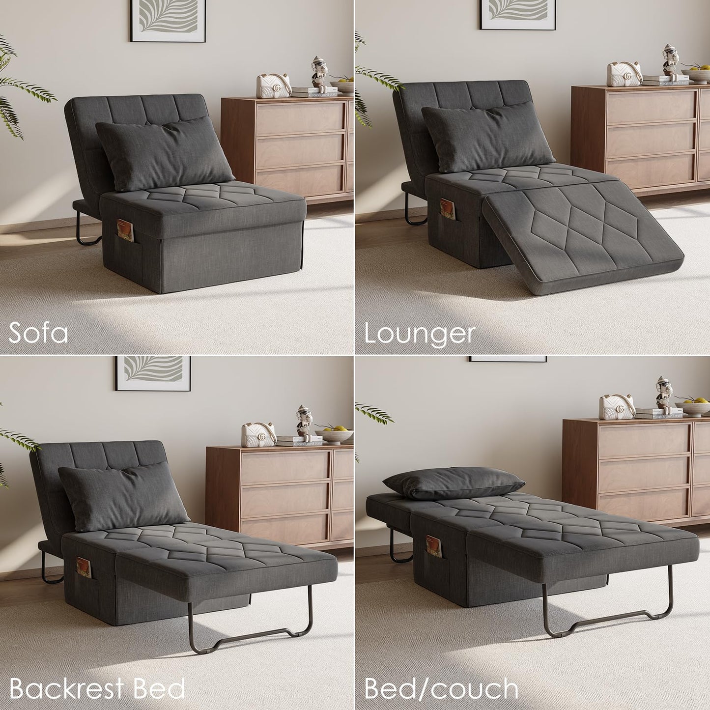 DSNAPE Ottoman Bed with 5-Level Adjustable Backrest, 70" D x 34" W 4-in-1 Convertible Sleeper Chair Bed, Folding Sofa Bed for Living Room, Apartment, Dorm & Small Space, Dark Grey