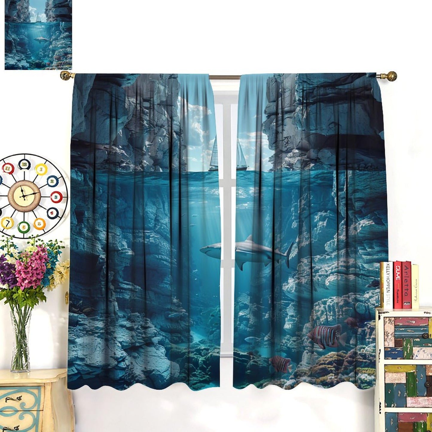 TOWINSFB Nautical Sailboat Shark Blackout Curtains for Living Room Bedroom, Ocean Rock Coral Fish Scenery Window Curtains Rod Pocket Thermal Insulated Window Drapes, 2 Panels, Each 21W x 63L