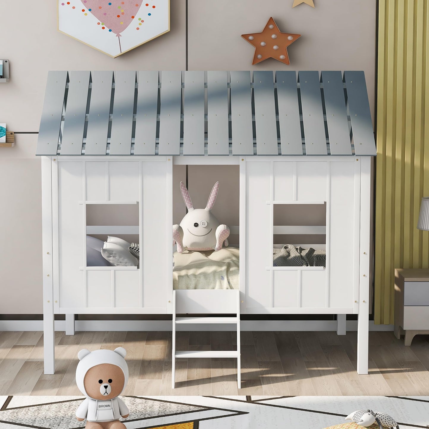 Twin Size Wooden House Bed with Ladder, Kids Low Loft Bed with Two Front Windows, White