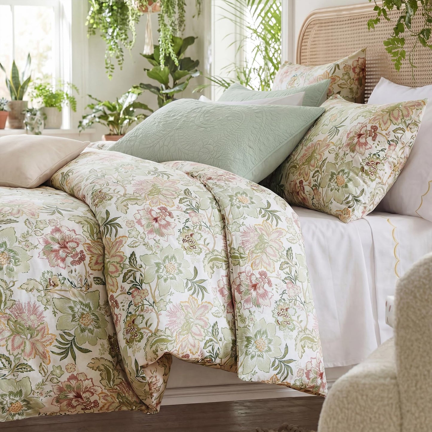 Bedorm 100% Cotton Duvet Cover Set Botanical Floral Bedding Queen Pink Flower Green Leaf French Country Bedroom Decor Soft & Durable Duvet Cover with Zipper Closure and Corner Ties