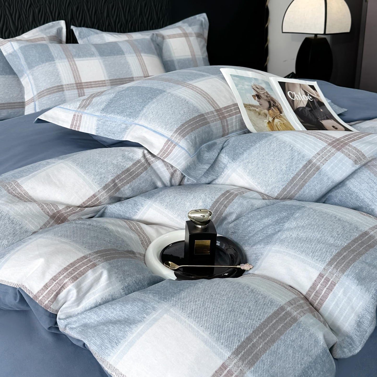 VM VOUGEMARKET Blue Plaid Duvet Cover Queen,3 Pieces Soft Brushed Cotton Duvet Cover Set,Simple Modern Teen Boys Gingham Bedding Set Without Comforter-90x90 Inch