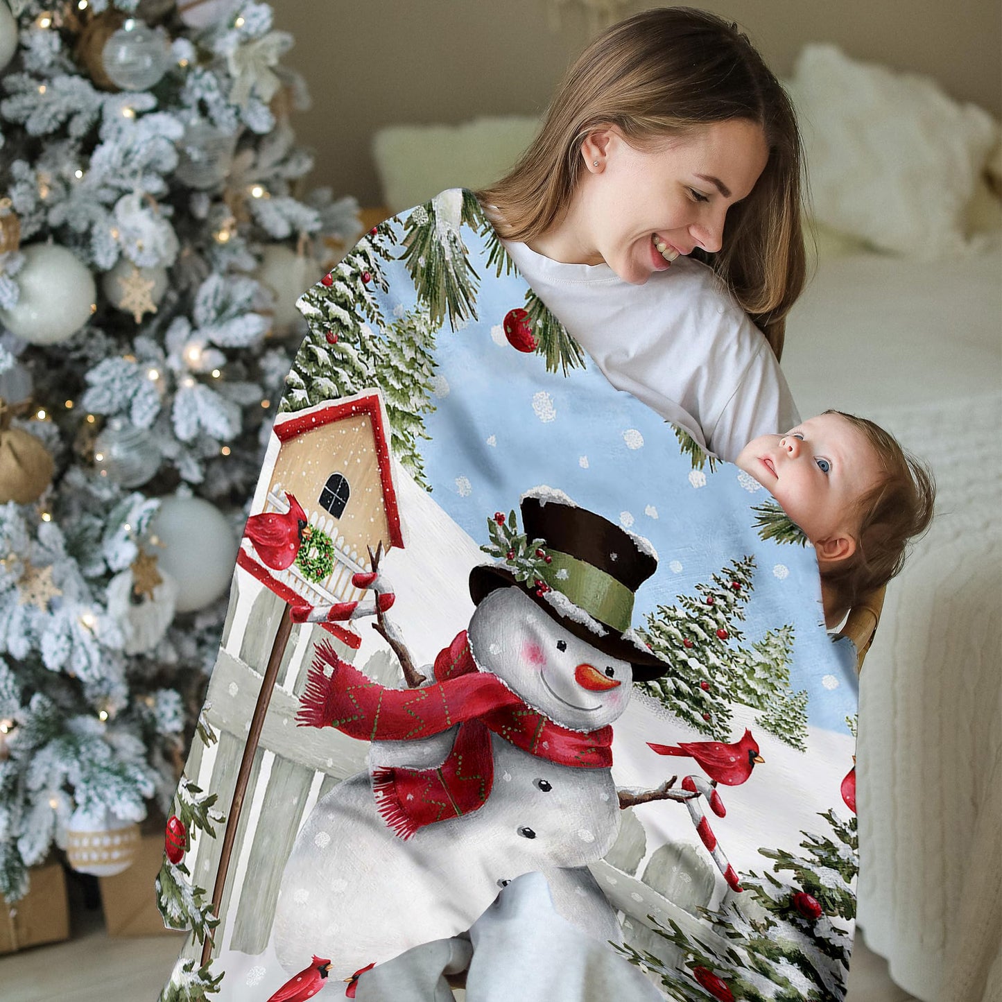 Christmas Fleece Blanket for Bed, Snowman and Birds Flannel Throw Blanket for Kids and Adults - Super Soft Plush Snowman Blanket Throw Plush Blanket for Snow Lovers 50X60 Inches