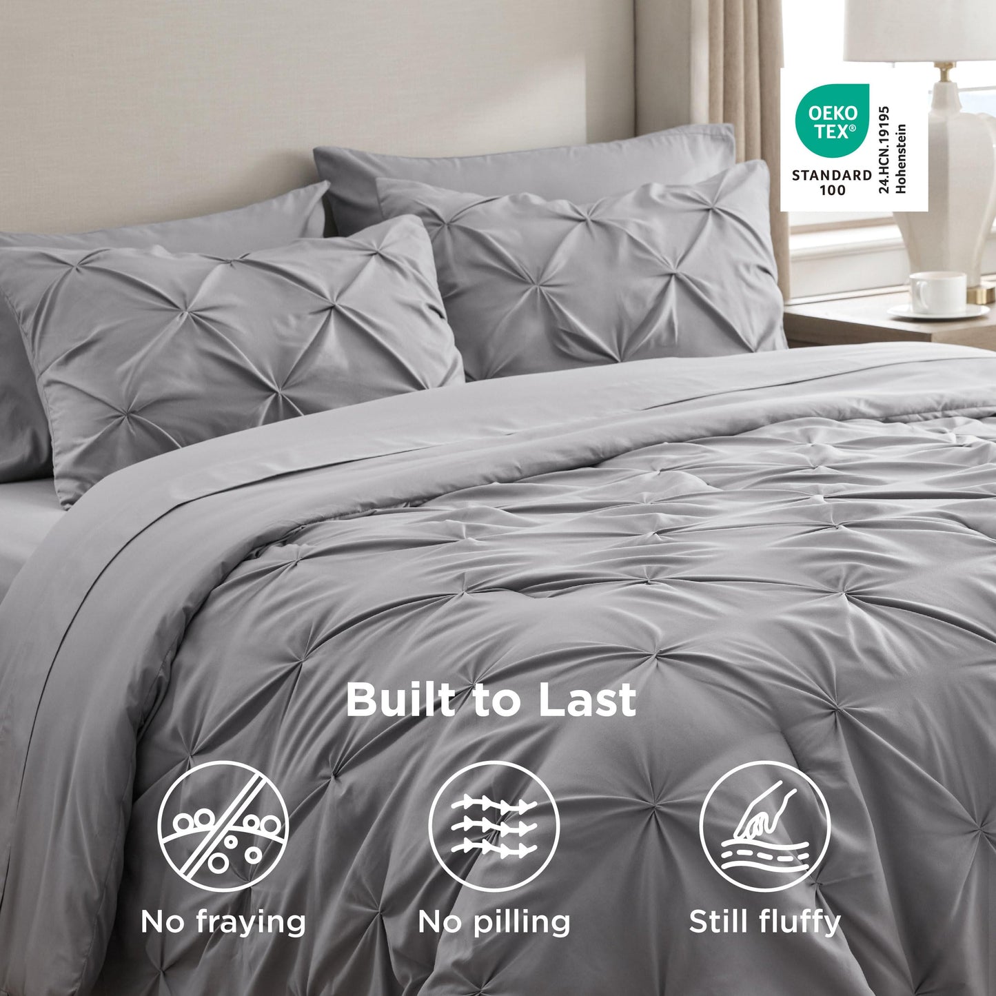 Bedsure Queen Comforter Set Grey - Bed in a Bag Queen Size Bedding 7 Pieces, GentleSoft™ Pintuck Bed Set Gift for Family, All Season Down Alternative Comforter with Sheets, Pillowcases & Shams
