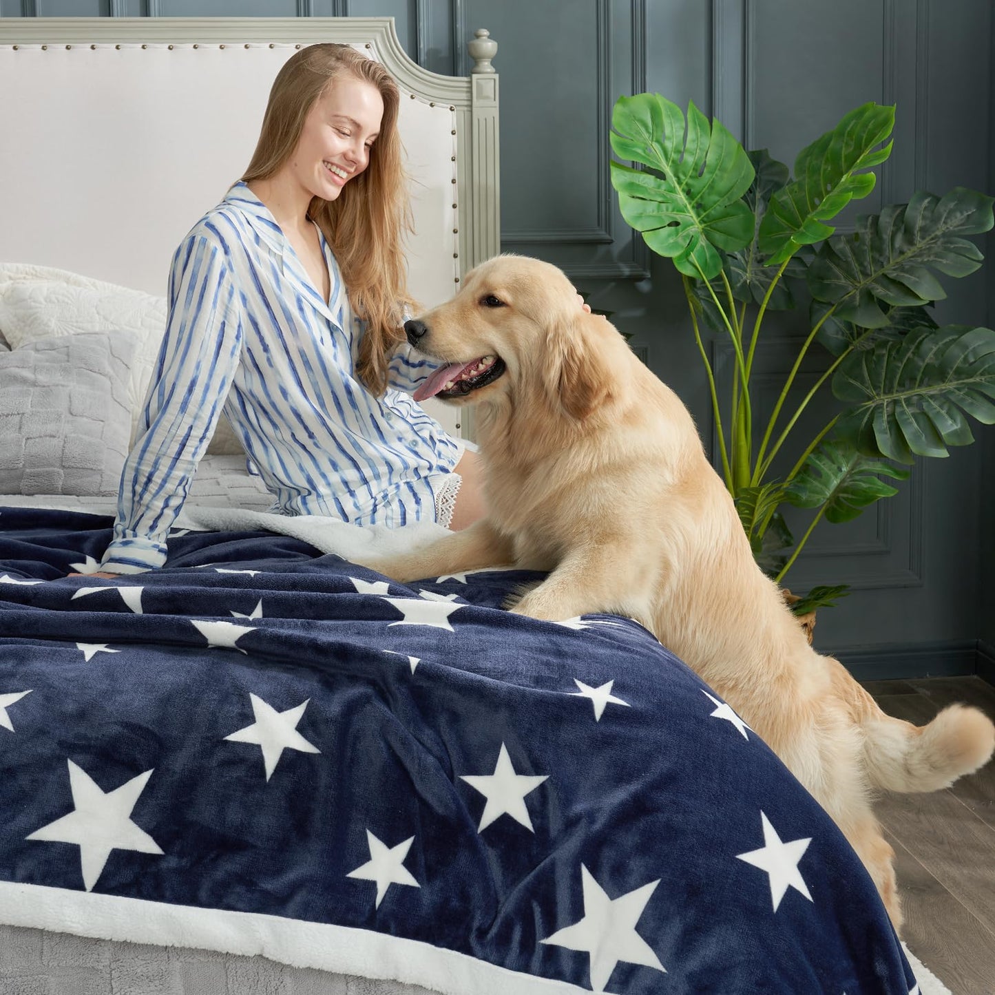 Cozy Bliss Patriotic Throw Blanket for Couch, Luxury Reversible Sherpa Throw with Star Design, Thick Warm Cozy Soft Blanket for Sofa, Bed, Home Decor and Gifts, Navy Blue, 60" x 80"
