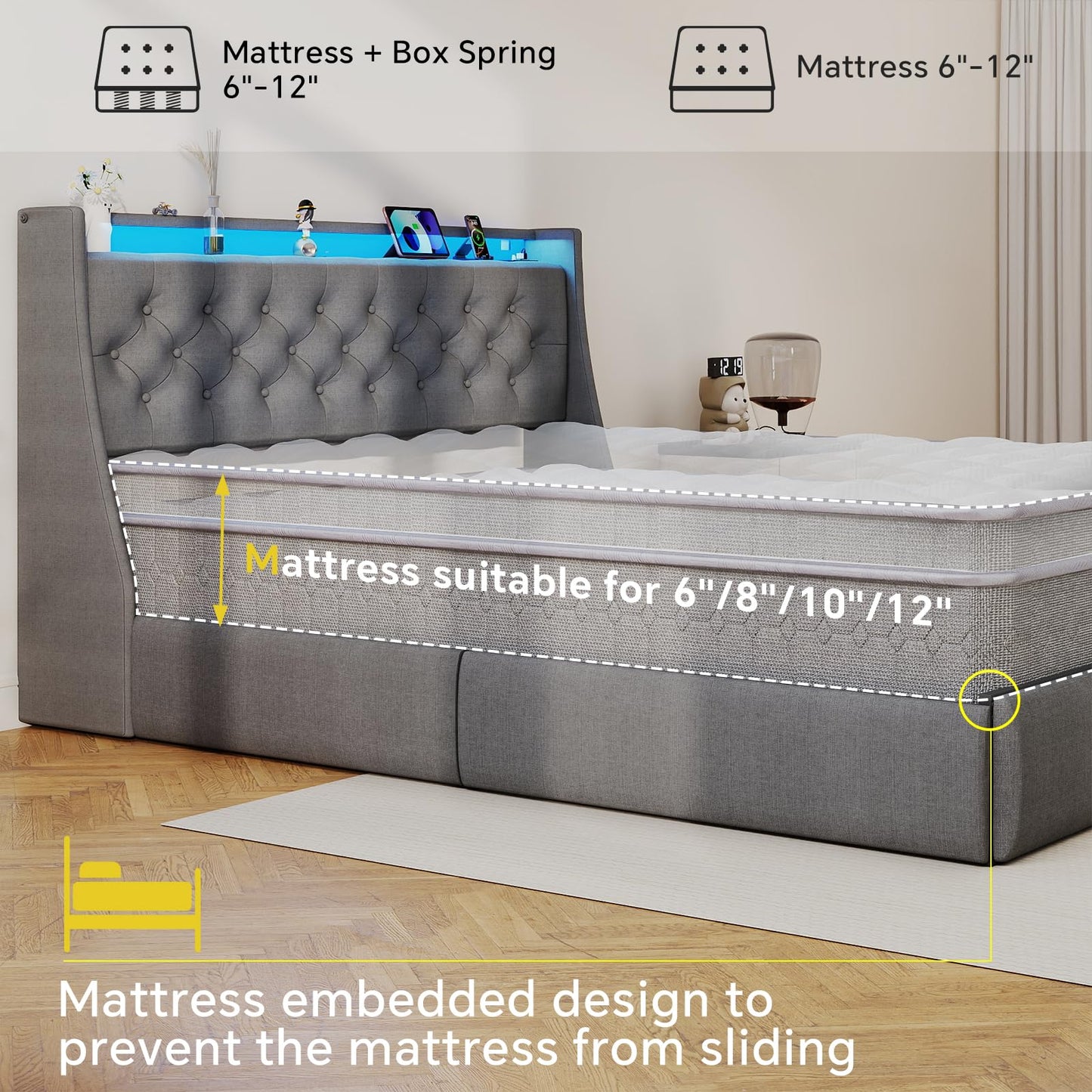 SADENICEL Full Size Bed Frame with Storage Headboard and 4 Drawer, Metal Full Bed Frame Platform with LED Light, Charging Station, No Box Spring Needed, Noise Free, Easy Assembly, Grey