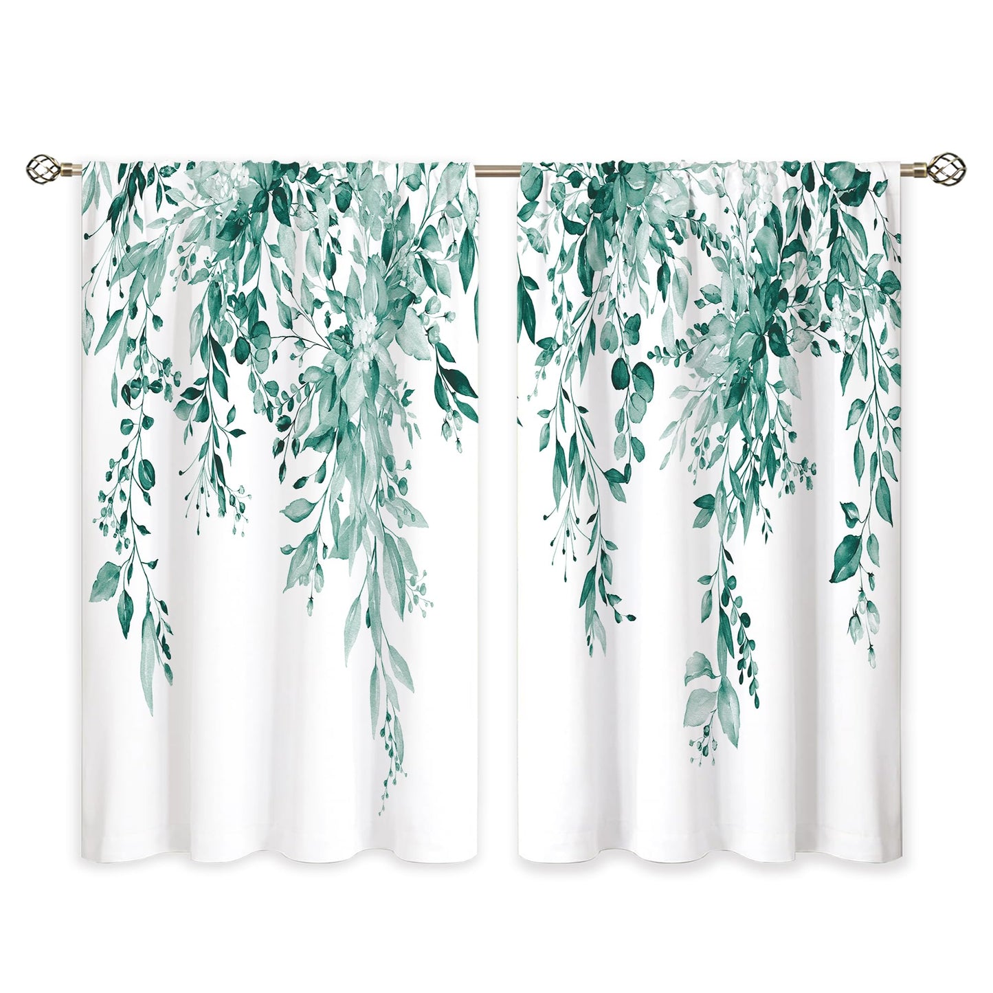 oolygoo Eucalyptus Botanical Leaves Teal Floral Kitchen Window Curtains Over Sink Farmhouse Flower Leaf Small Window Treatment Cafe Short Curtains for Bathroom Treatment Tier Drapes 27.5x39inch