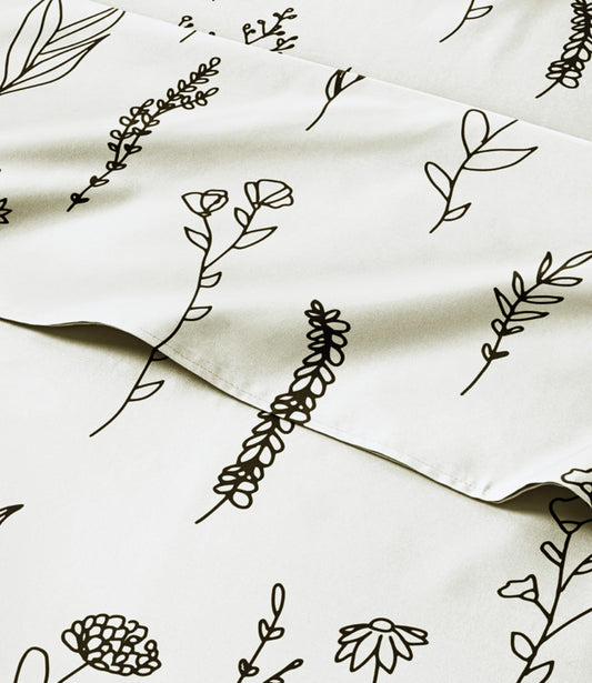 Floral Sheets - Black & White Floral Bed Sheet Set - 1 Flat, 1 Fitted & 2 Pillowcases w/ Deep Pockets - Comfy, Wrinkle & Fade Free - Boho Botanical Bedding - Soft, Breathable & Cooling - Full Size Set