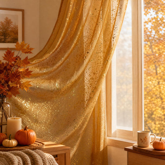 Horaldaily Fall Sheer Curtains for Living Room and Bedroom, Gold Sequin Glitter Metallic Foil, Scenery Light Filtering Window Burnt Orange Curtains, 52" W x 84" L, Set of 2 Curtain Panels