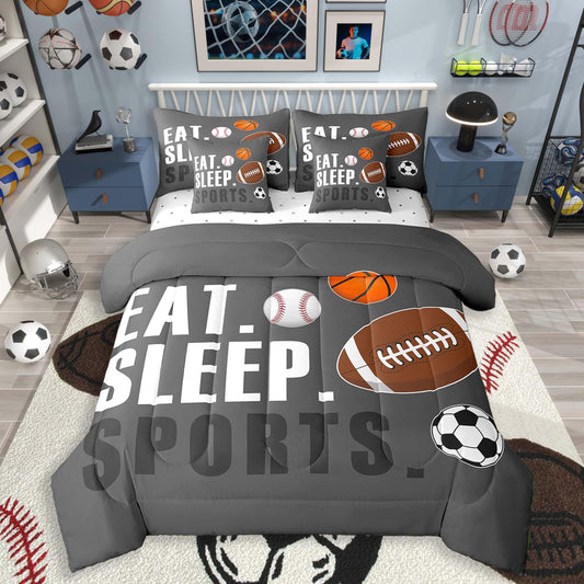 Feelyou Twin Size Sports Comforter Set Boys Girls Bedding Set for Sports Lover Gift Ultra Soft Football Soccer Basketball Baseball Quilt Breathable Lightweight Microfiber Gray Ball Game Room Decor