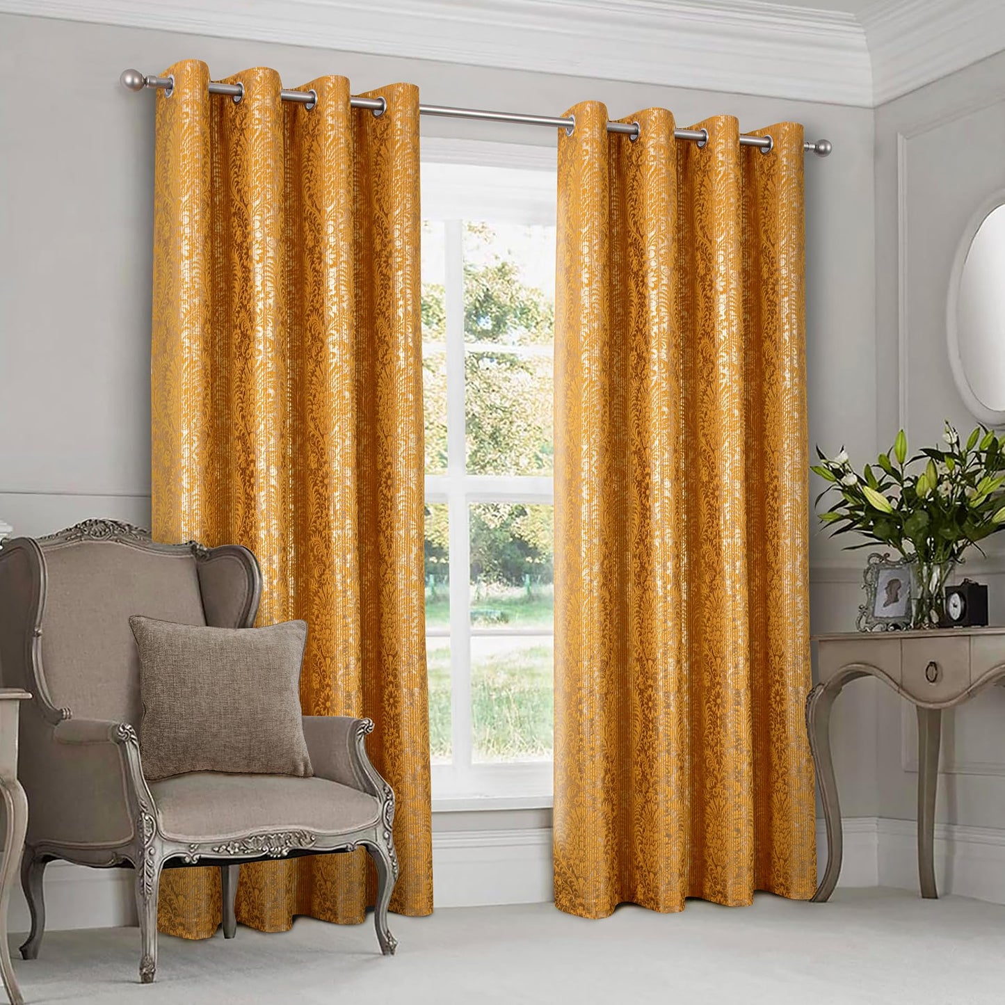 always4u 100% Blackout Damask Foil Print Yellow and Gold Ridged Velvet Curtains 95 Inches Long Drapes 2 Panels Shiny Metallic Window 54 * 95 Inches