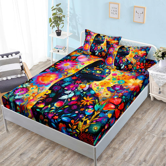 HOSIMA Cat Fitted Sheet Full,Various Colorful Flowers Print Animal Bedding for Women Girls Room Decor,Hippie Bohemia Style Lightweight Floral Bedding,1 Fitted Sheet+2 Pillowcases.