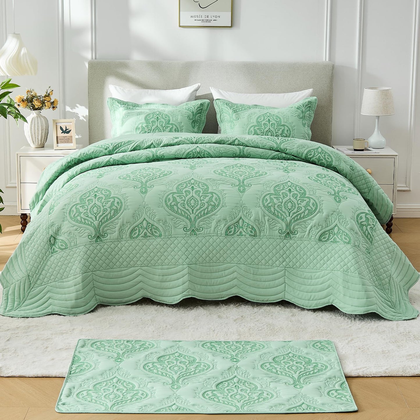 DaisyHuang Oversized Bedspread Coverlet Set Queen Size - Lightweight Bedding Cover - Beautiful Stitching - 4 Piece Reversible Bedspread, Mint Green