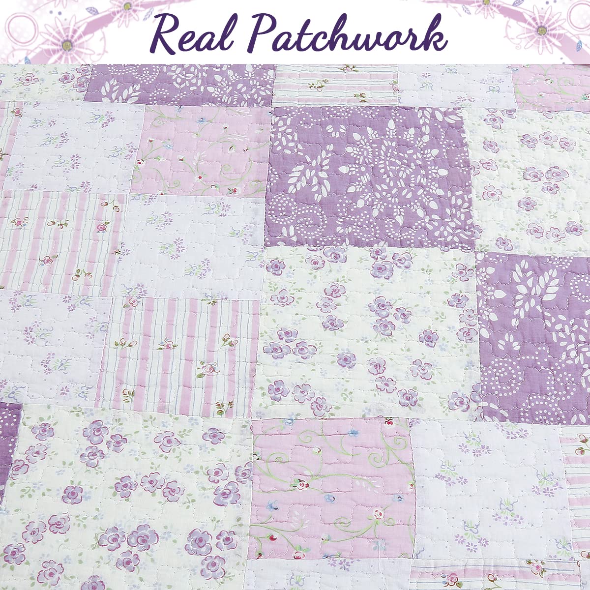 Cozy Line Home Fashions 100% Cotton Hand Piecing Real Patchwork Love of Lilac Bedding Quilt Set, Purple Orchid Lavender Chic Lace Floral Reversible Coverlet, Bedspread (Lilac, King - 3 Piece)