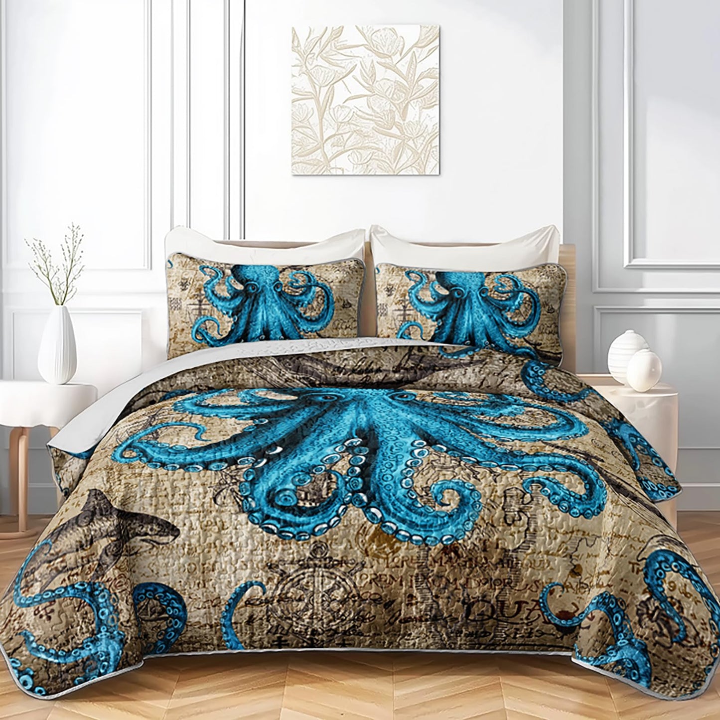 AILONEN Ocean King Bedspread Coverlet,Blue Octopus Nautical Vintage Map Theme Bedding Quilt,2 Pillowcases,Lightweight Microfiber