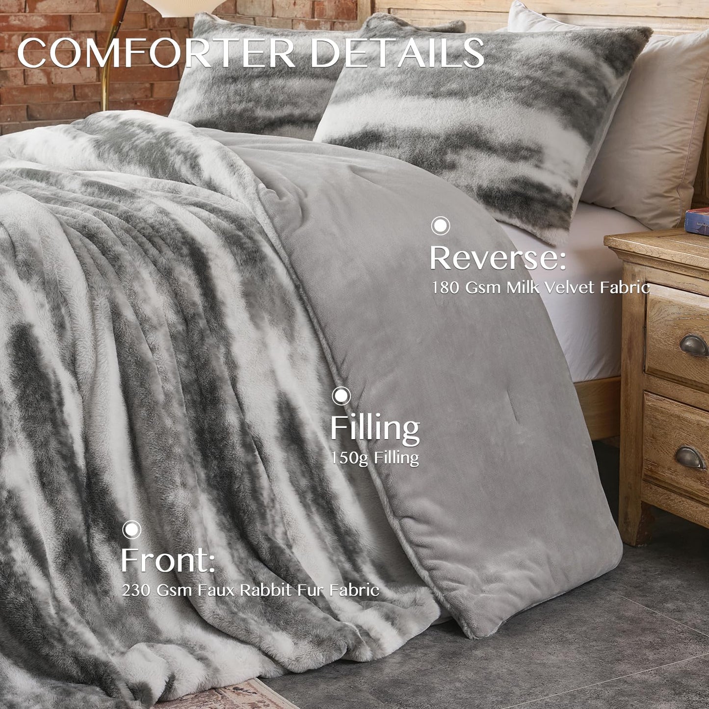 Lotus Karen Queen Comforter Set - Fluffy Black and White Faux Fur Bed Comforter Queen - Lightweight Warm Fuzzy Watercolor Faux Rabbit Fur Bedding Sets 3 Pieces(1 Comforter and 2 Pillowcases)