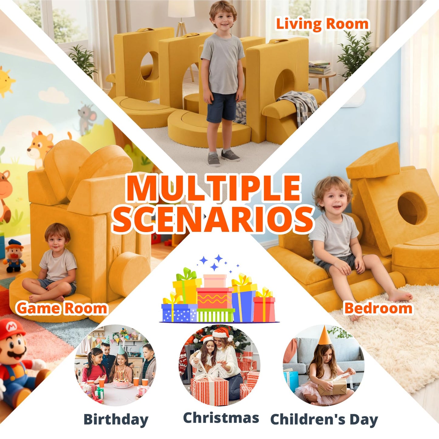 Fvkind 16pcs Modular Kids Play Couch, Creative Kids Couch for Playroom and Bedroom, Modular Toddler Sofa Building Fort, Convertible Foam Sectional Toddler Sofa for Boys and Girls, Yellow